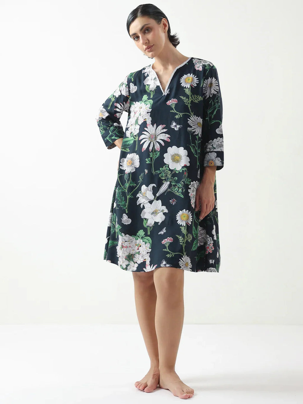 Black Floral Printed Cotton V-Neck Night Dress - SanskrutiHomes 