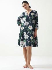 Black Floral Printed Cotton V-Neck Night Dress - SanskrutiHomes 