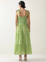 Green Square Neck Cotton Dress for Women - SanskrutiHomes 