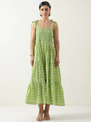 Green Square Neck Cotton Dress for Women - SanskrutiHomes 