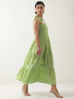 Green Square Neck Cotton Dress for Women - SanskrutiHomes 