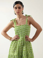 Green Square Neck Cotton Dress for Women - SanskrutiHomes 