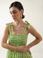 Green Square Neck Cotton Dress for Women - SanskrutiHomes 