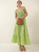 Green Square Neck Cotton Dress for Women - SanskrutiHomes 
