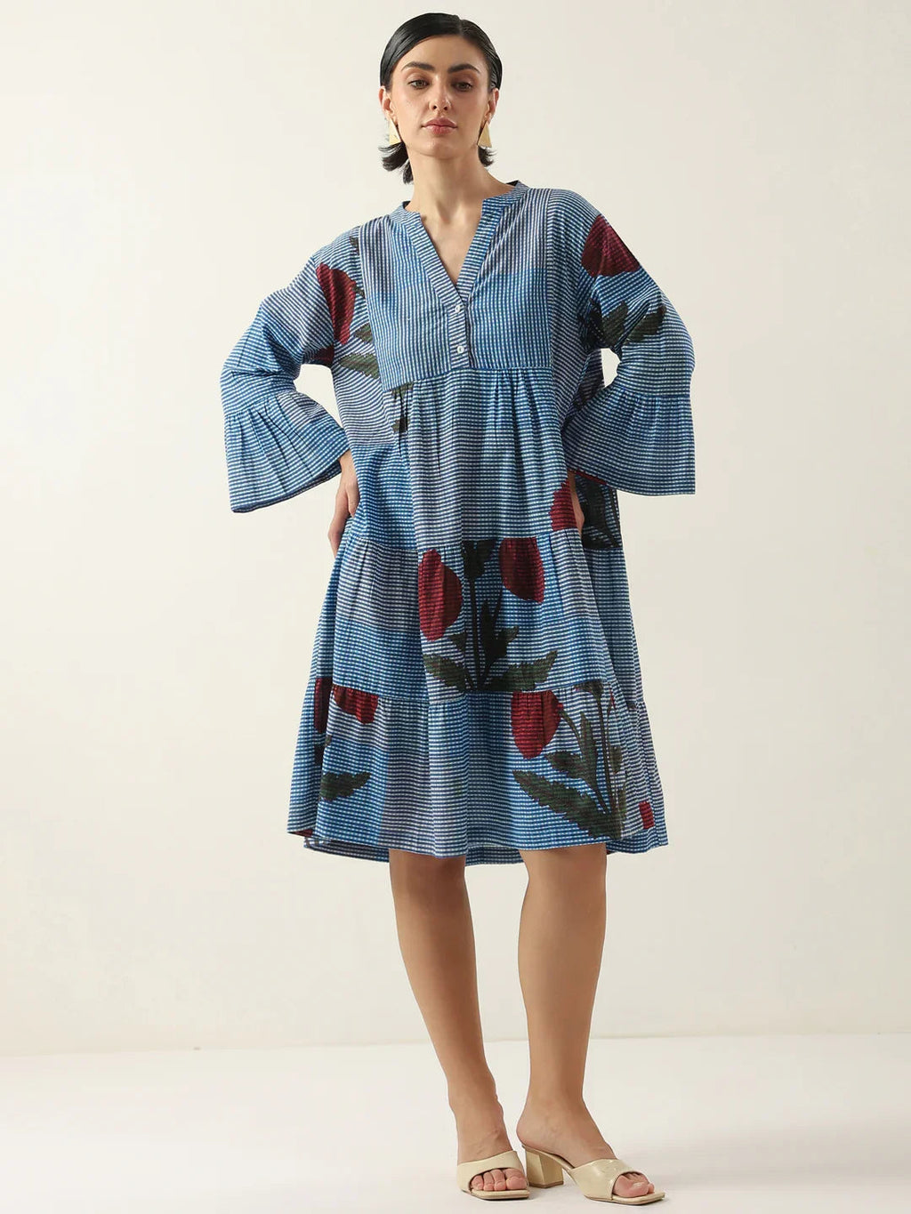 Blue Floral Printed V-Neck Cotton Dress - SanskrutiHomes 