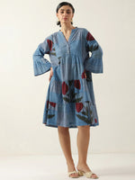 Blue Floral Printed V-Neck Cotton Dress - SanskrutiHomes 