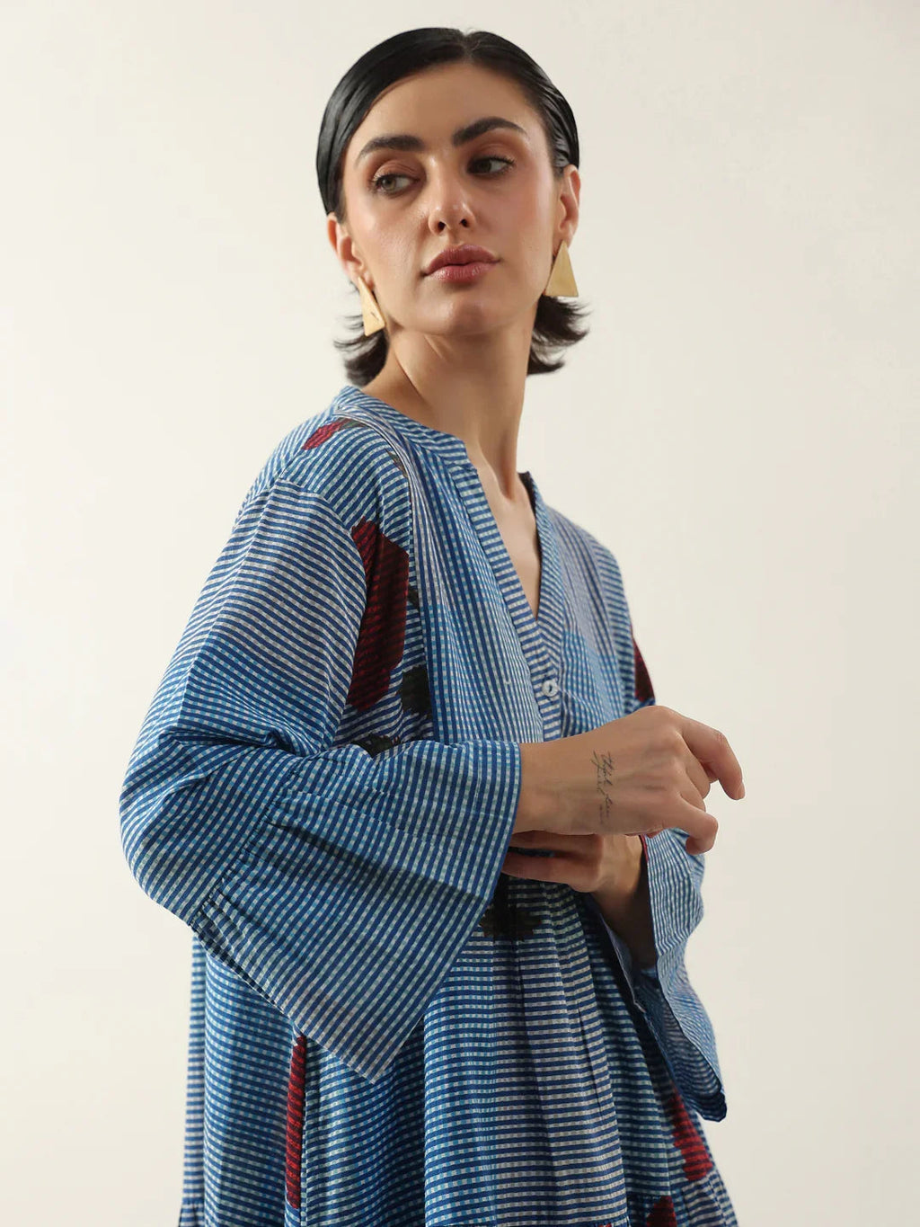 Blue Floral Printed V-Neck Cotton Dress - SanskrutiHomes 