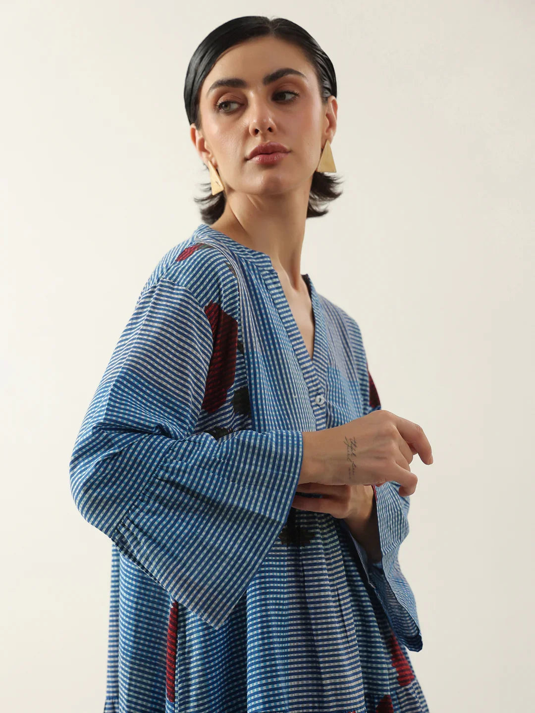 Blue Floral Printed V-Neck Cotton Dress - SanskrutiHomes 