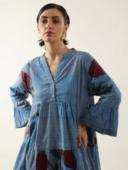 Blue Floral Printed V-Neck Cotton Dress - SanskrutiHomes 