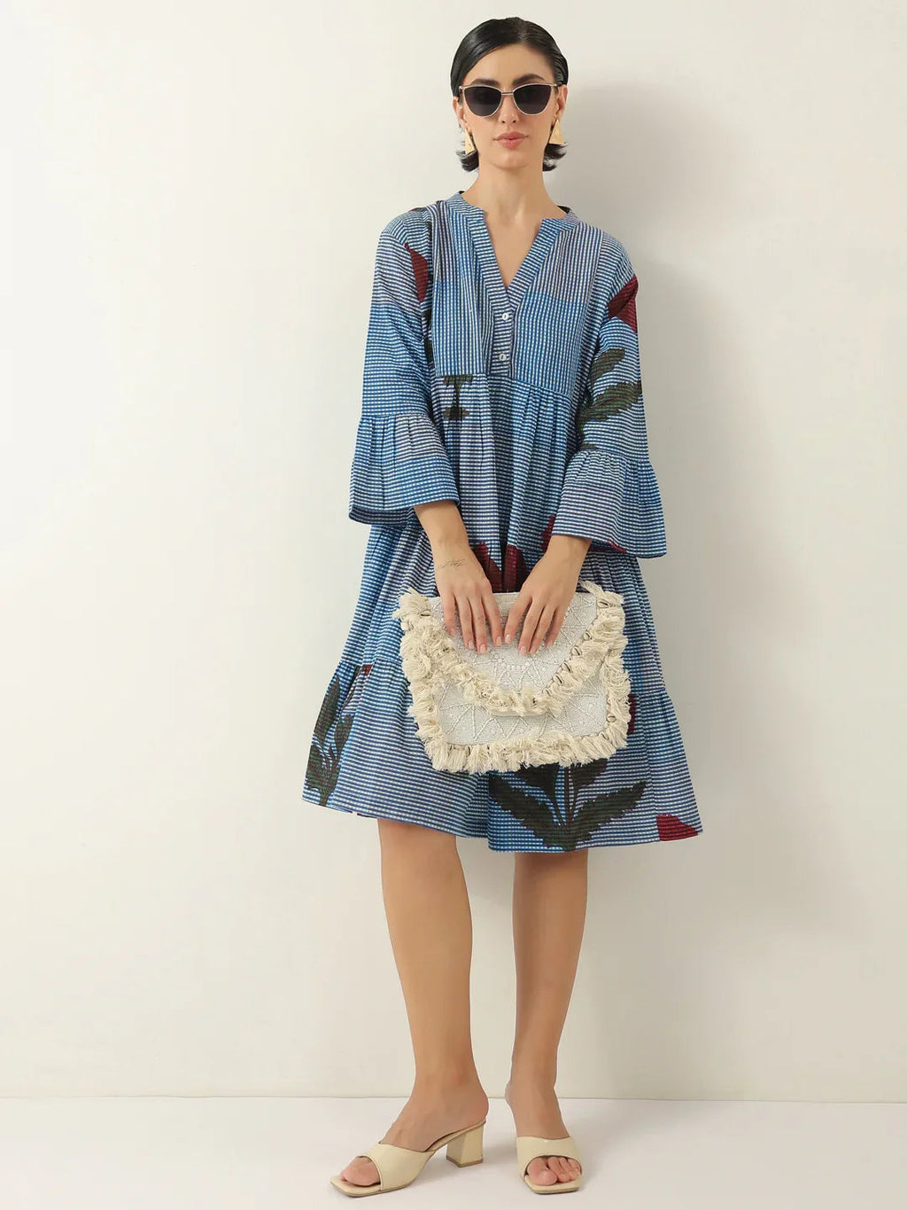 Blue Floral Printed V-Neck Cotton Dress - SanskrutiHomes 