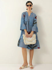 Blue Floral Printed V-Neck Cotton Dress - SanskrutiHomes 