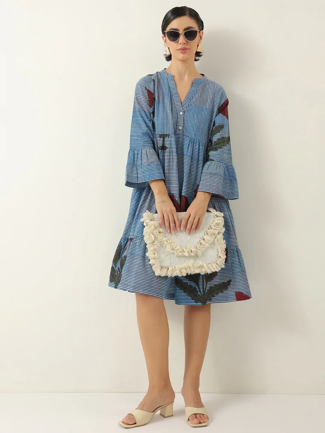 Blue Floral Printed V-Neck Cotton Dress - SanskrutiHomes 