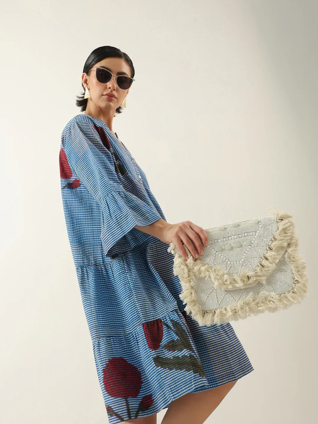 Blue Floral Printed V-Neck Cotton Dress - SanskrutiHomes 