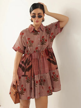 Red Color Floral Printed Dress for Women - SanskrutiHomes 
