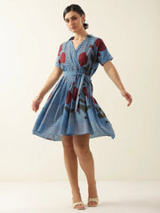 Blue V-Neck Floral Printed Dress for Women - SanskrutiHomes 
