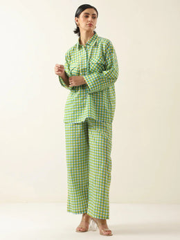 Green Color Check Printed Cotton Co-ords Set - SanskrutiHomes 