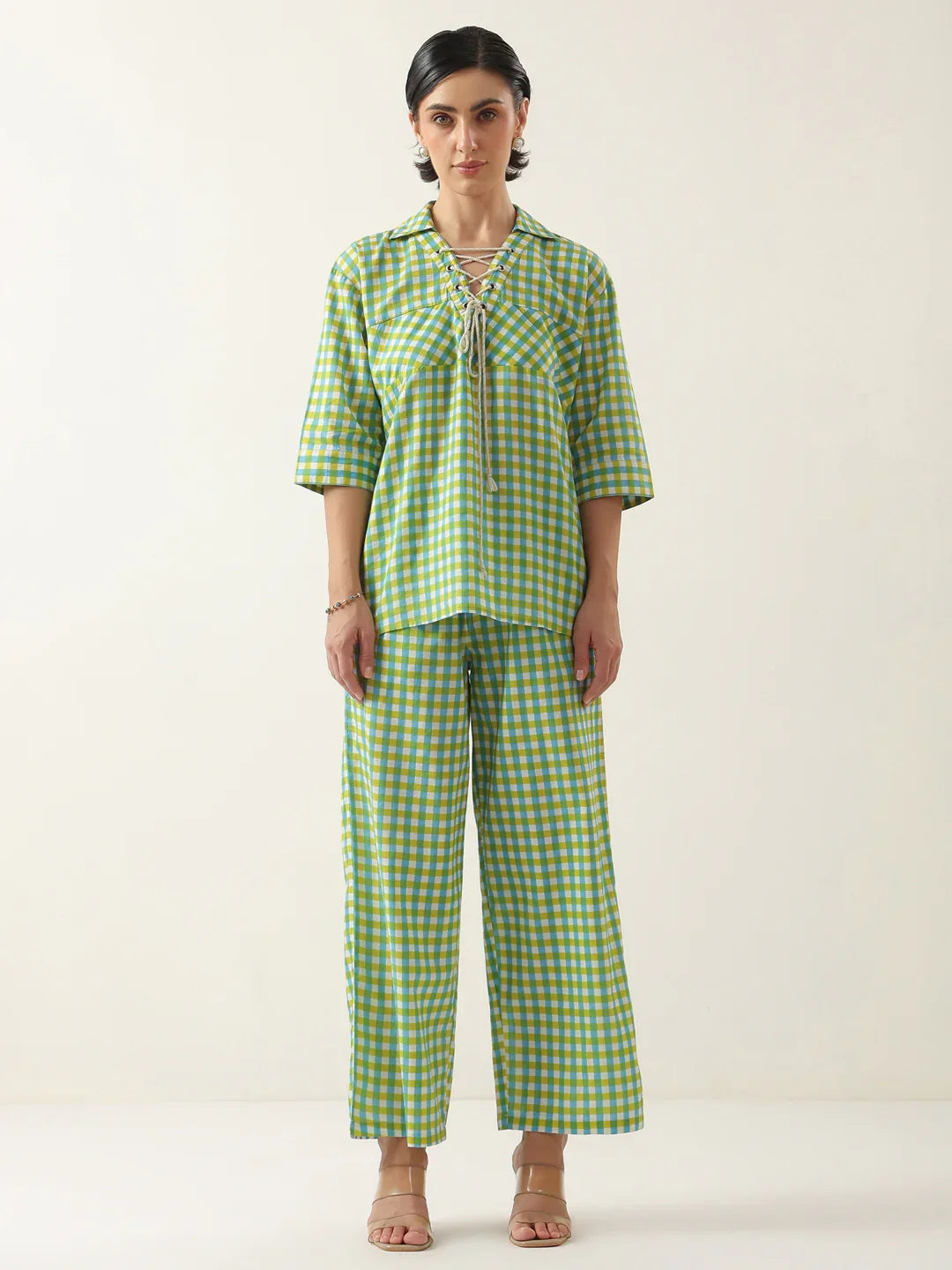 Green Color Check Printed Cotton Co-Ords Set For Women