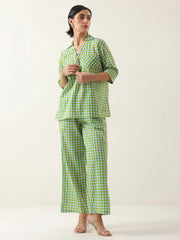 Green Color Check Printed Cotton Co-Ords Set For Women