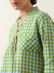 Green Color Check Printed Cotton Co-Ords Set For Women