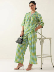 Green Color Check Printed Cotton Co-Ords Set For Women