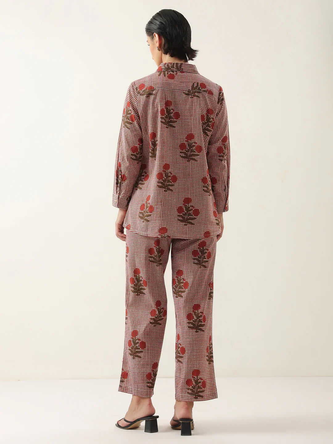 Red Cotton Floral Printed Shirt Collor Night Suit - SanskrutiHomes 