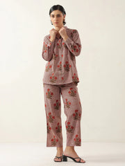 Red Cotton Floral Printed Shirt Collor Night Suit - SanskrutiHomes 