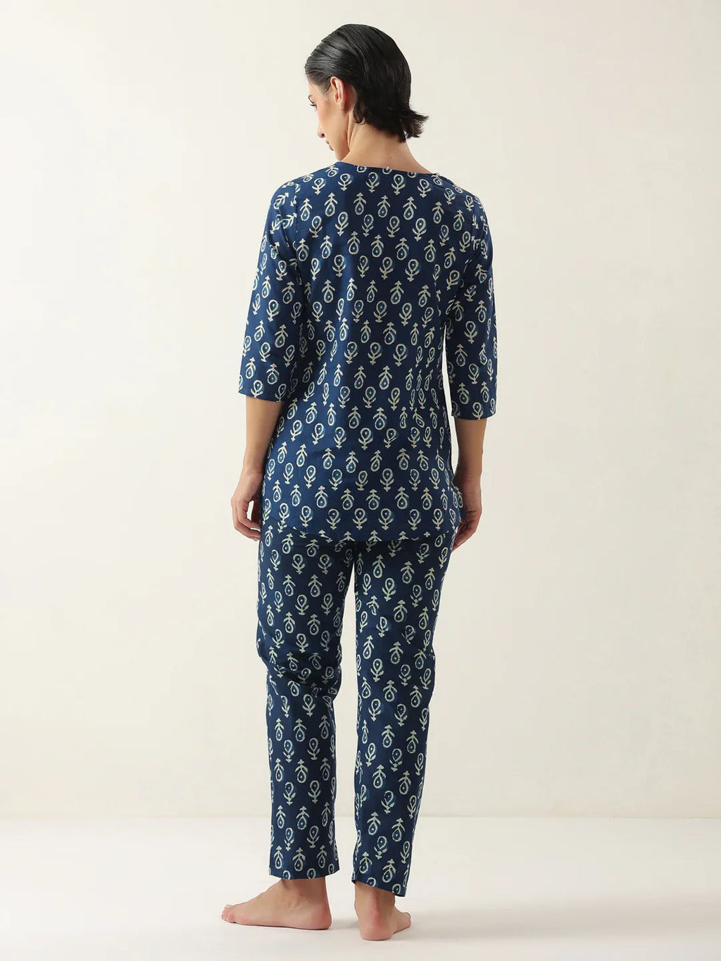 Blue Color Round Neck Floral Printed Night Suit - SanskrutiHomes 
