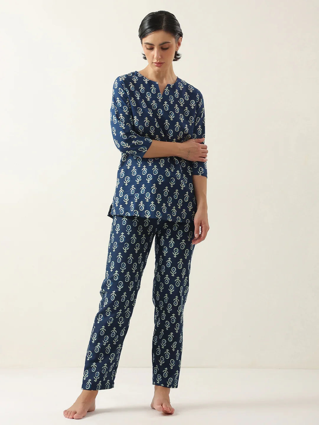 Blue Color Round Neck Floral Printed Night Suit - SanskrutiHomes 