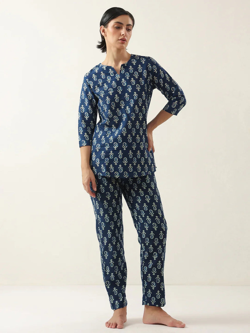 Blue Color Round Neck Floral Printed Night Suit - SanskrutiHomes 