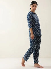 Blue Color Round Neck Floral Printed Night Suit - SanskrutiHomes 