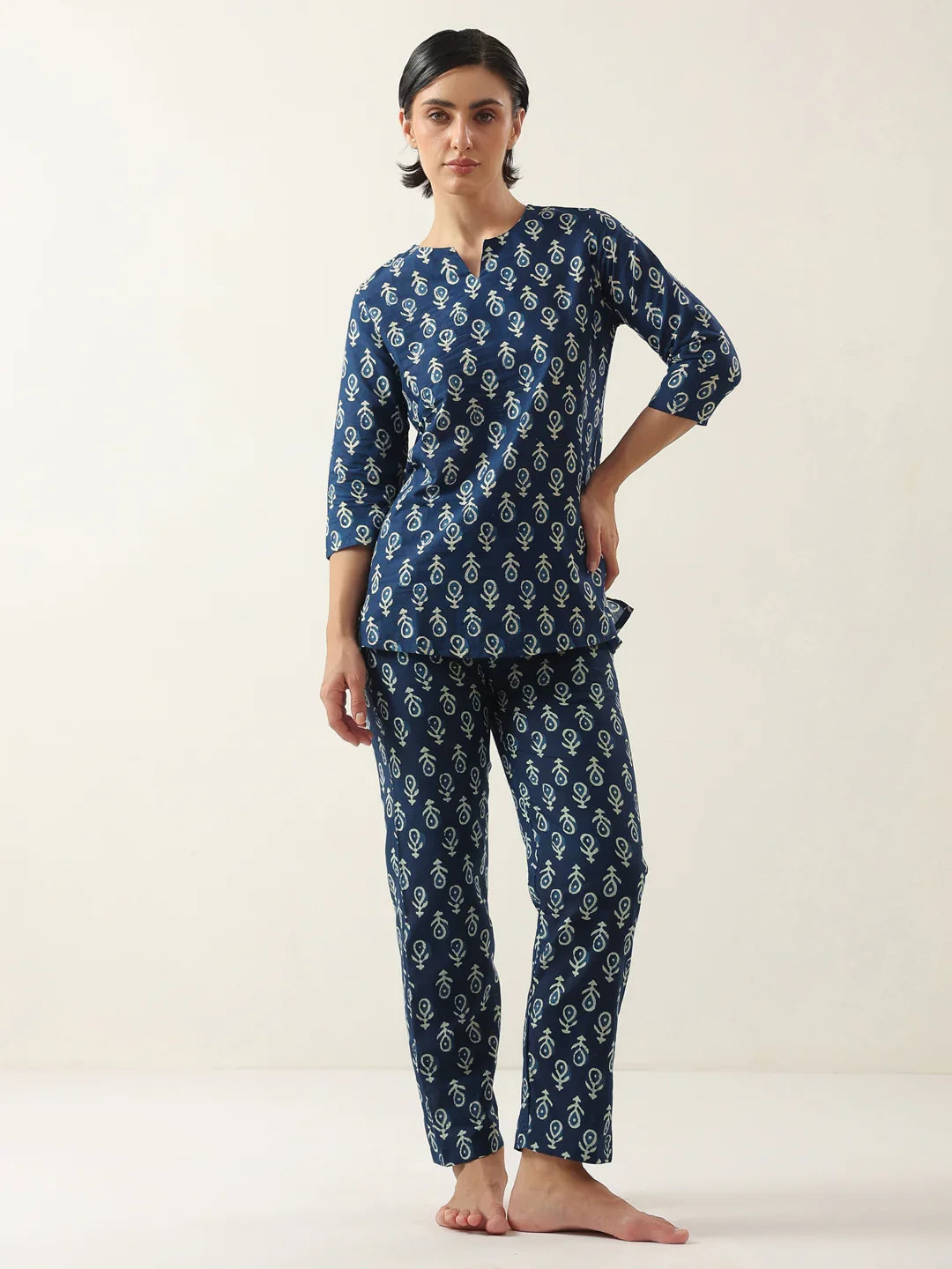 Blue Color Round Neck Floral Printed Night Suit - SanskrutiHomes 