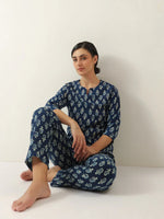 Blue Color Round Neck Floral Printed Night Suit - SanskrutiHomes 