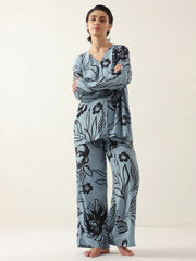 Blue Color V-Neck Floral Printed Night Suit - SanskrutiHomes 
