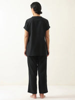 Black Solid Cotton V-Neck Night Suit - SanskrutiHomes 