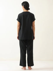 Black Solid Cotton V-Neck Night Suit - SanskrutiHomes 