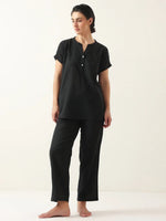 Black Solid Cotton V-Neck Night Suit - SanskrutiHomes 