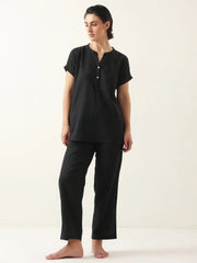 Black Solid Cotton V-Neck Night Suit - SanskrutiHomes 