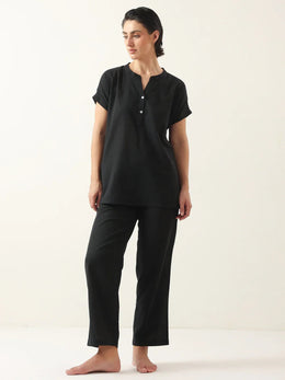 Black Solid Cotton V-Neck Night Suit - SanskrutiHomes 