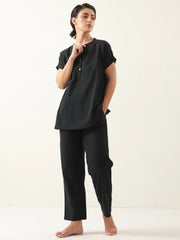 Black Solid Cotton V-Neck Night Suit - SanskrutiHomes 