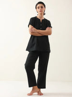 Black Solid Cotton V-Neck Night Suit - SanskrutiHomes 