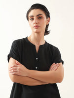 Black Solid Cotton V-Neck Night Suit - SanskrutiHomes 