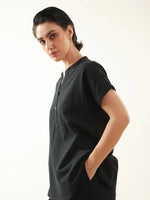 Black Solid Cotton V-Neck Night Suit - SanskrutiHomes 
