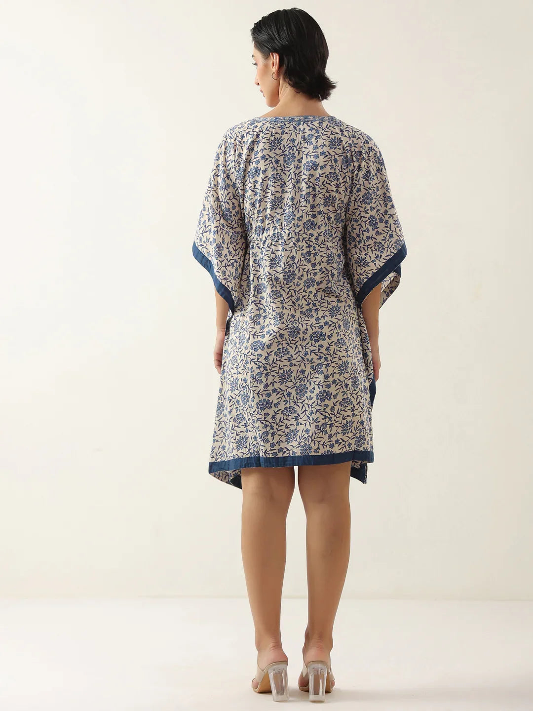 Off White V-Neck Pure Cotton Kaftan Night Dress - SanskrutiHomes 