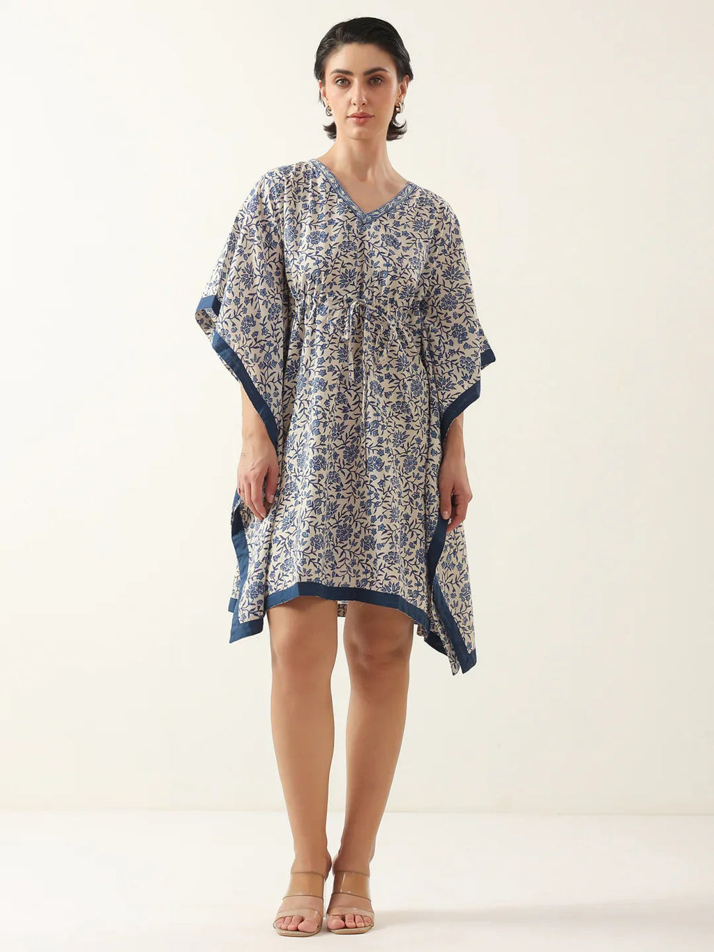 Off White V-Neck Pure Cotton Kaftan Night Dress - SanskrutiHomes 