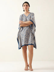 Off White V-Neck Pure Cotton Kaftan Night Dress - SanskrutiHomes 