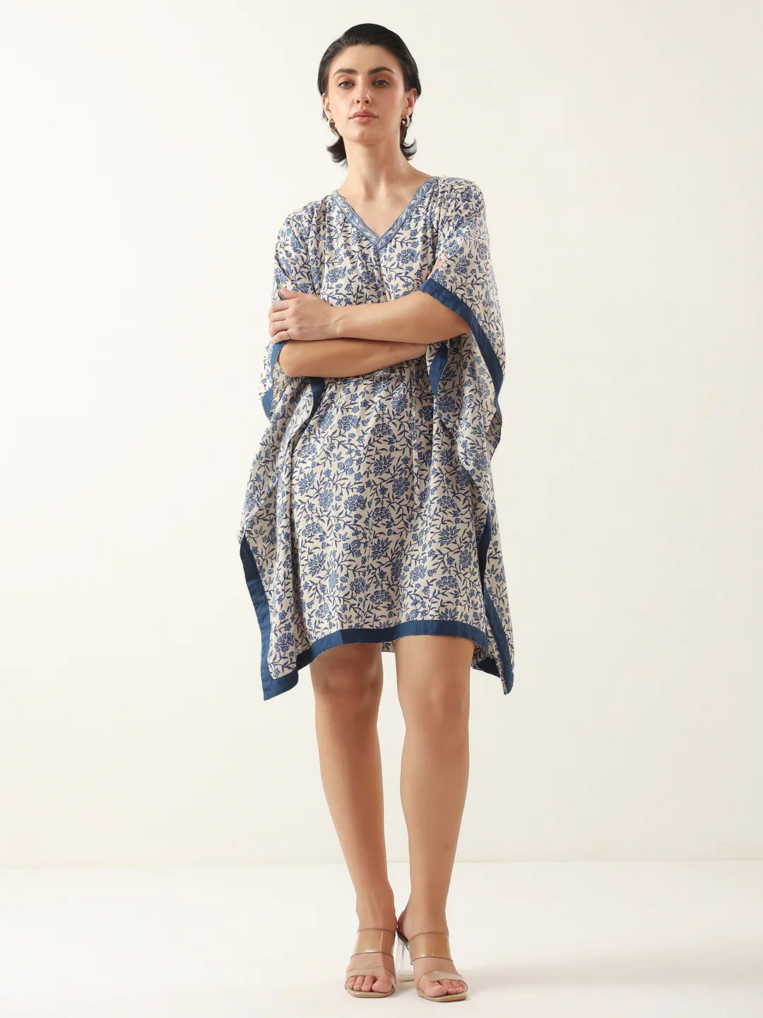 Off White V-Neck Pure Cotton Kaftan Night Dress - SanskrutiHomes 