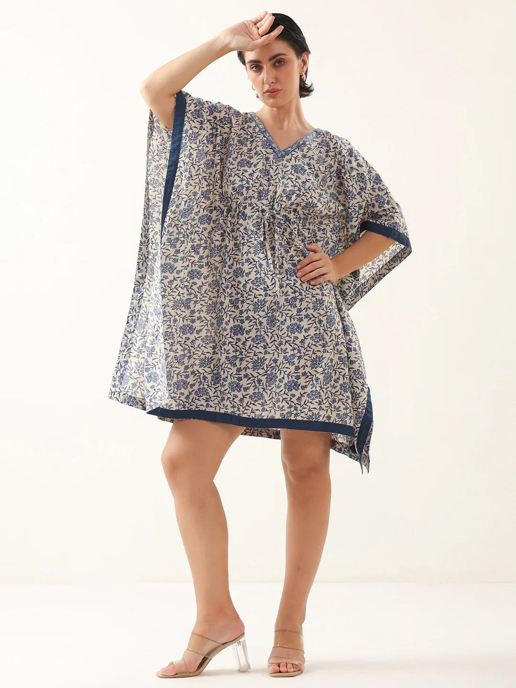 Off White V-Neck Pure Cotton Kaftan Night Dress - SanskrutiHomes 