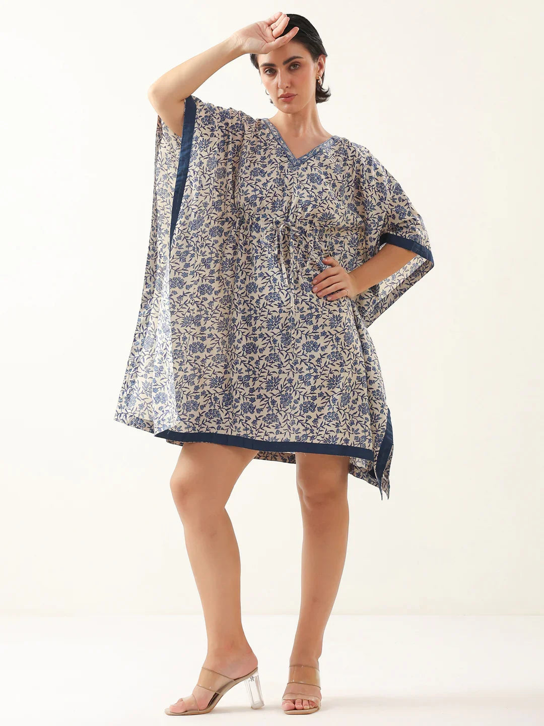 Off White V-Neck Pure Cotton Kaftan Night Dress - SanskrutiHomes 