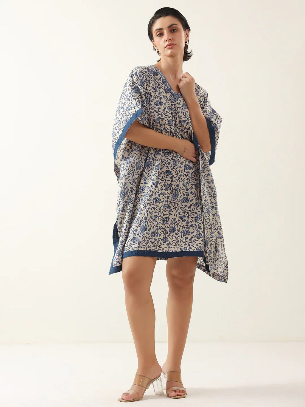 Off White V-Neck Pure Cotton Kaftan Night Dress - SanskrutiHomes 