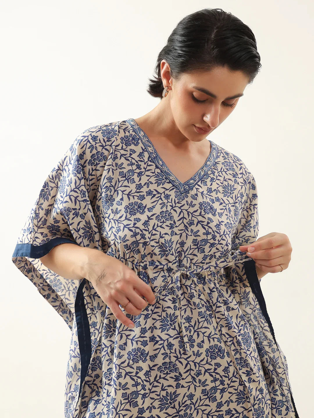 Off White V-Neck Pure Cotton Kaftan Night Dress - SanskrutiHomes 